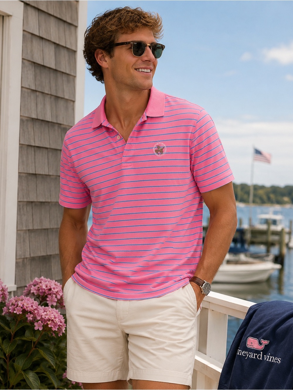 Vineyard Vines Pink Stripe Polo Shirt Men’s Large Blue Stripe Short Sleeve